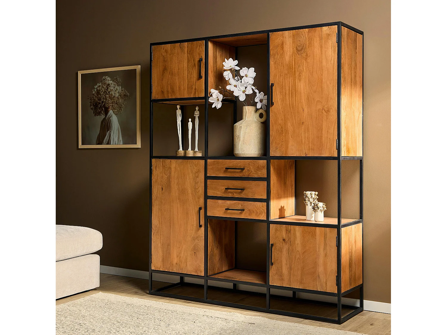 Grande bibliothèque salon en bois clair 4 portes RIVANO