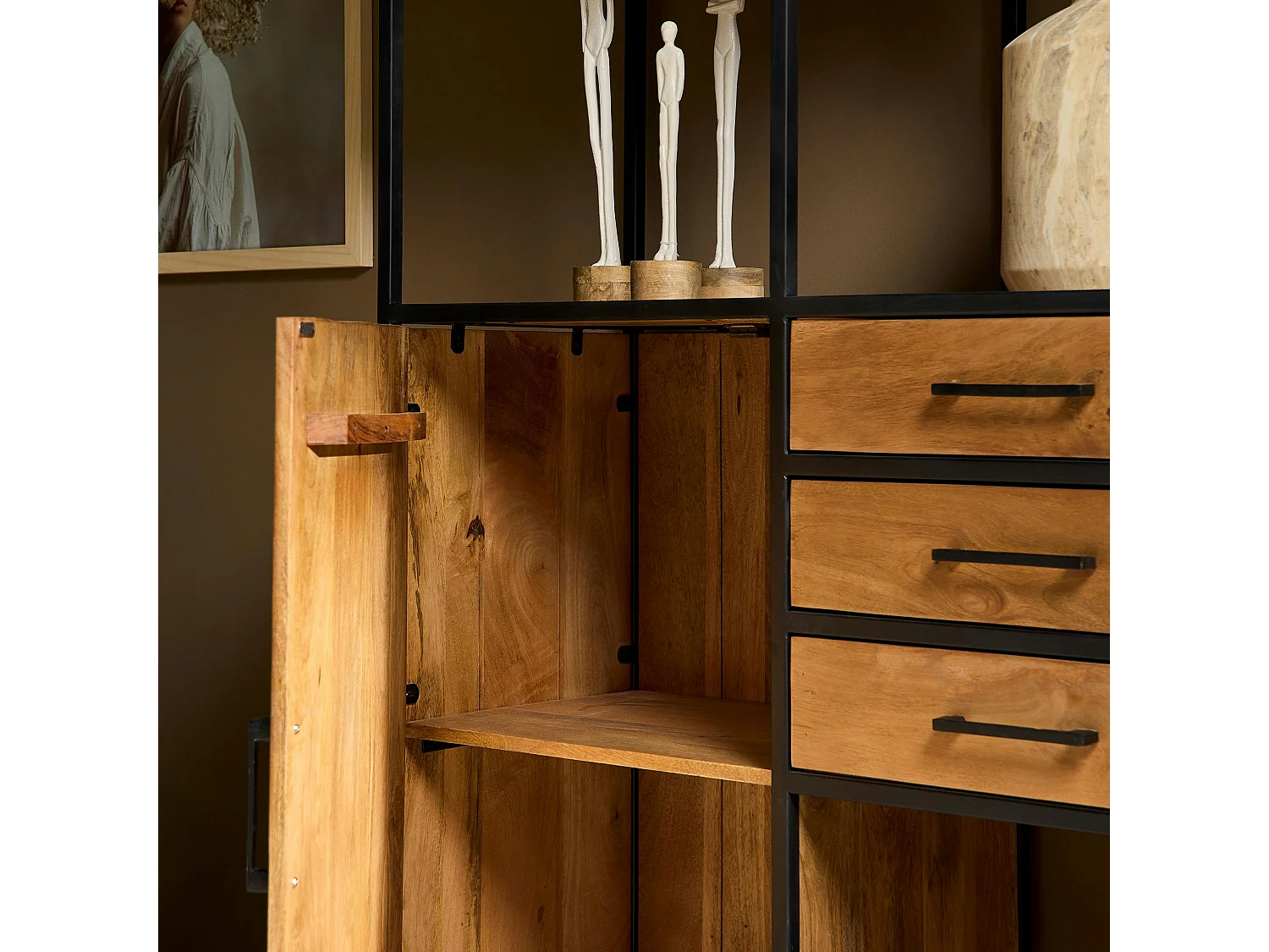 Grande bibliothèque salon en bois clair 4 portes RIVANO