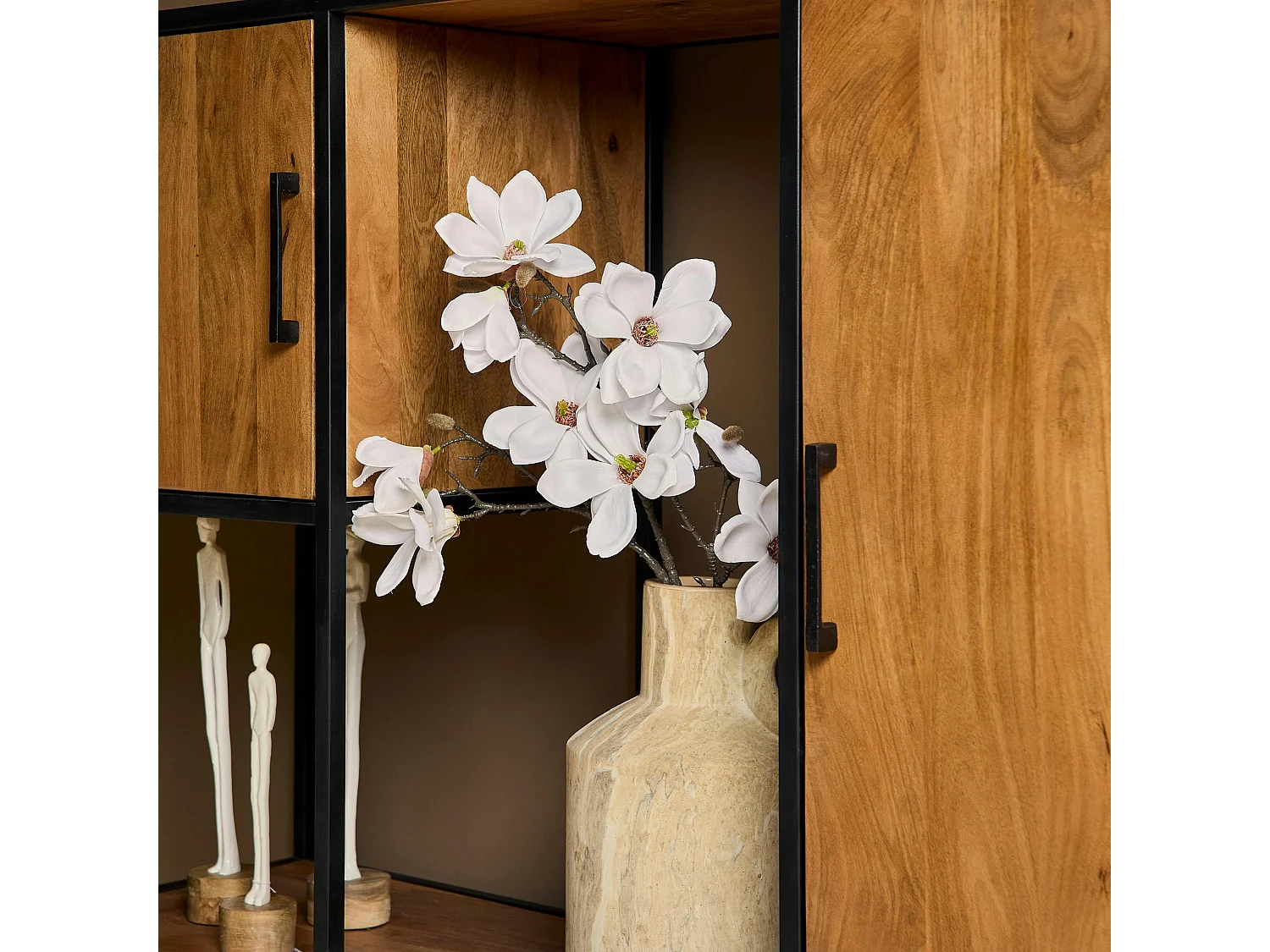 Grande bibliothèque salon en bois clair 4 portes RIVANO