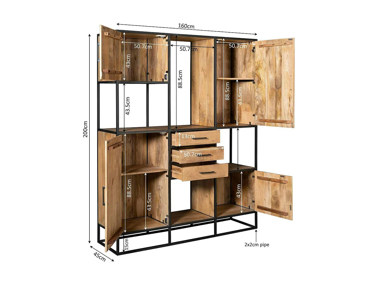 Grande bibliothèque salon en bois clair 4 portes RIVANO