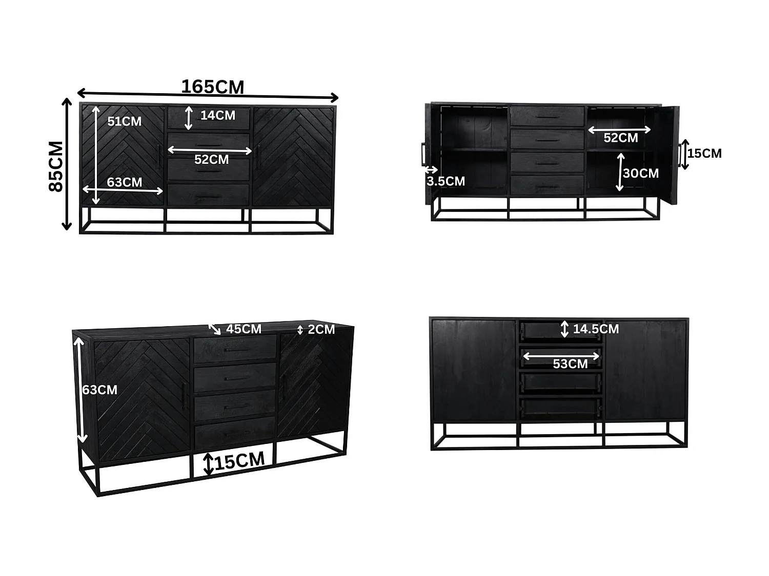 Buffet noir en bois 2 portes motif chevron 165 cm ALVERA