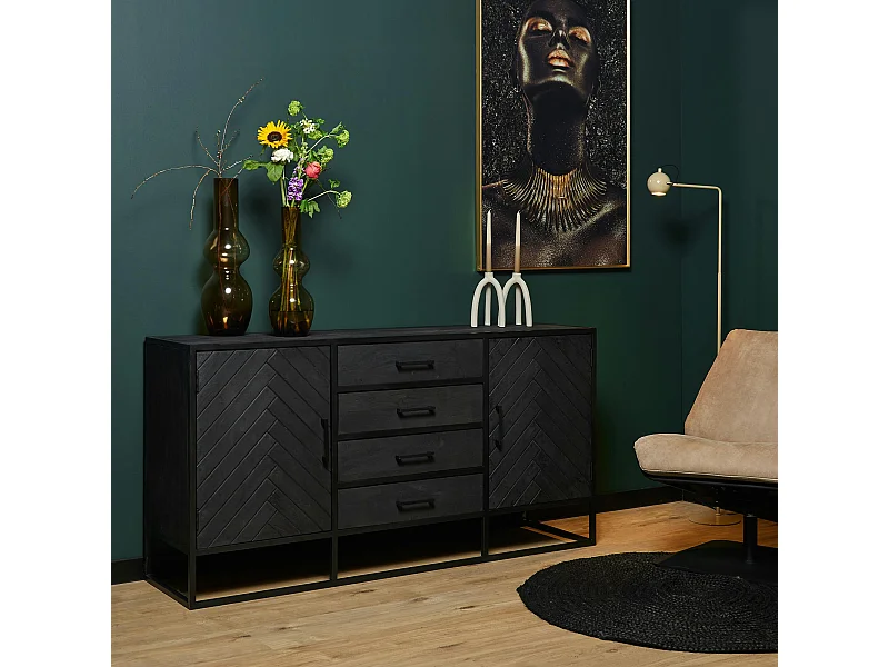 Buffet noir en bois 2 portes motif chevron 165 cm ALVERA