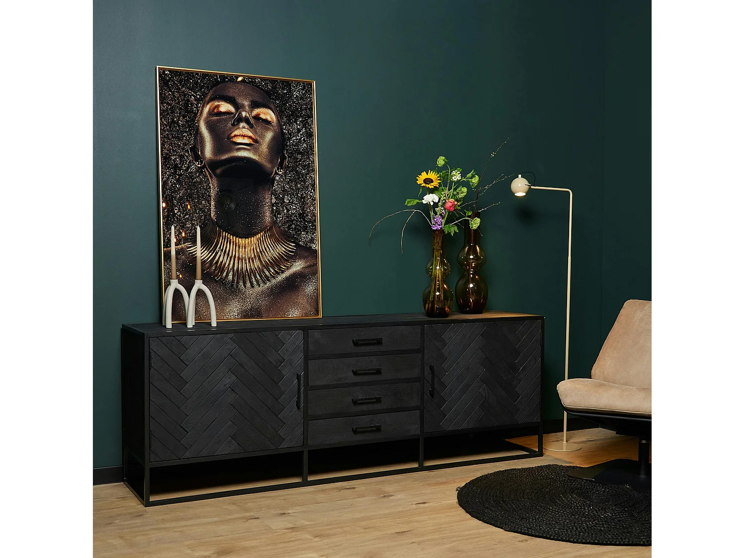 Buffet noir en bois 2 portes motif chevron 210 cm ALVERA