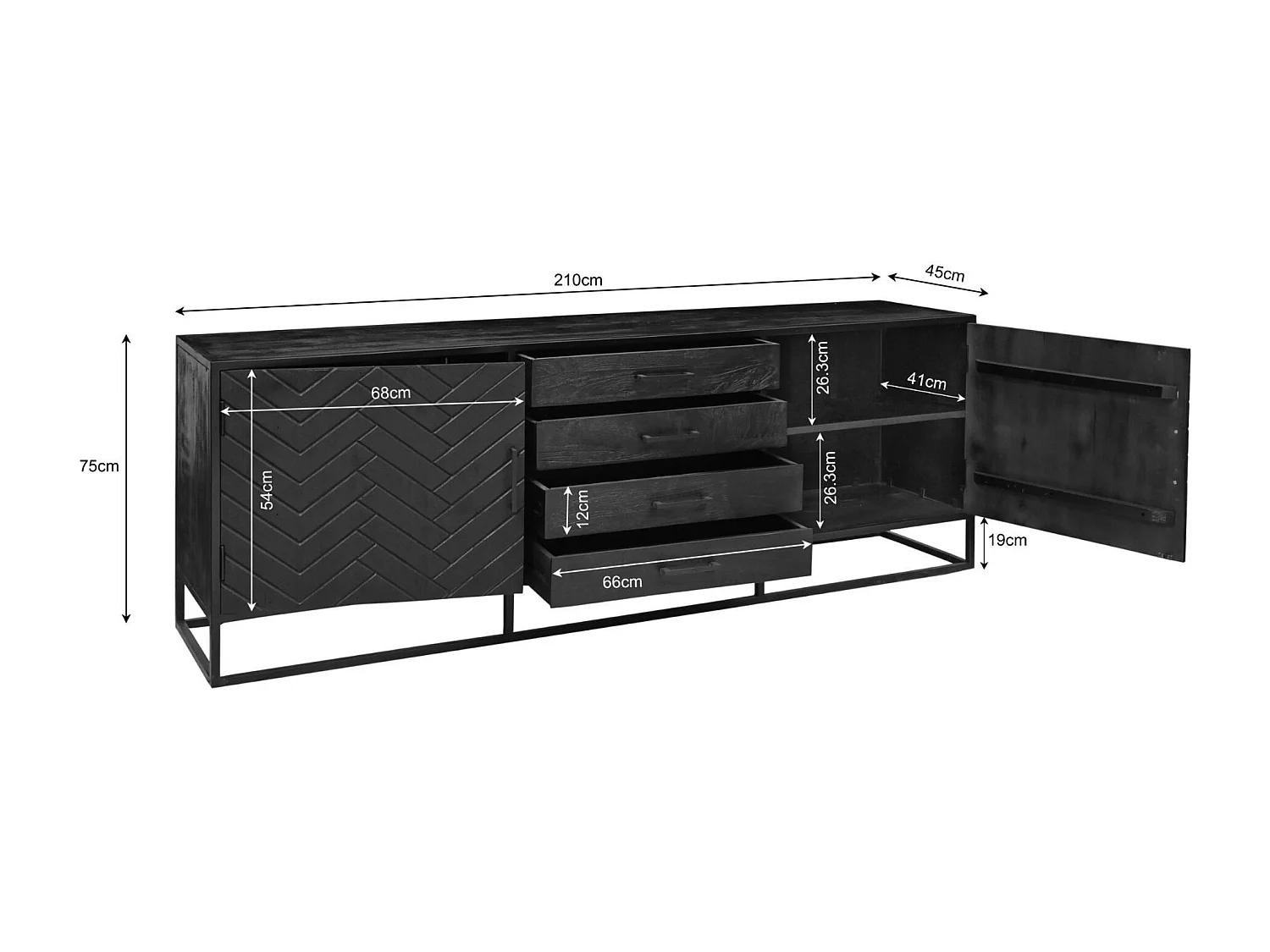 Buffet noir en bois 2 portes motif chevron 210 cm ALVERA