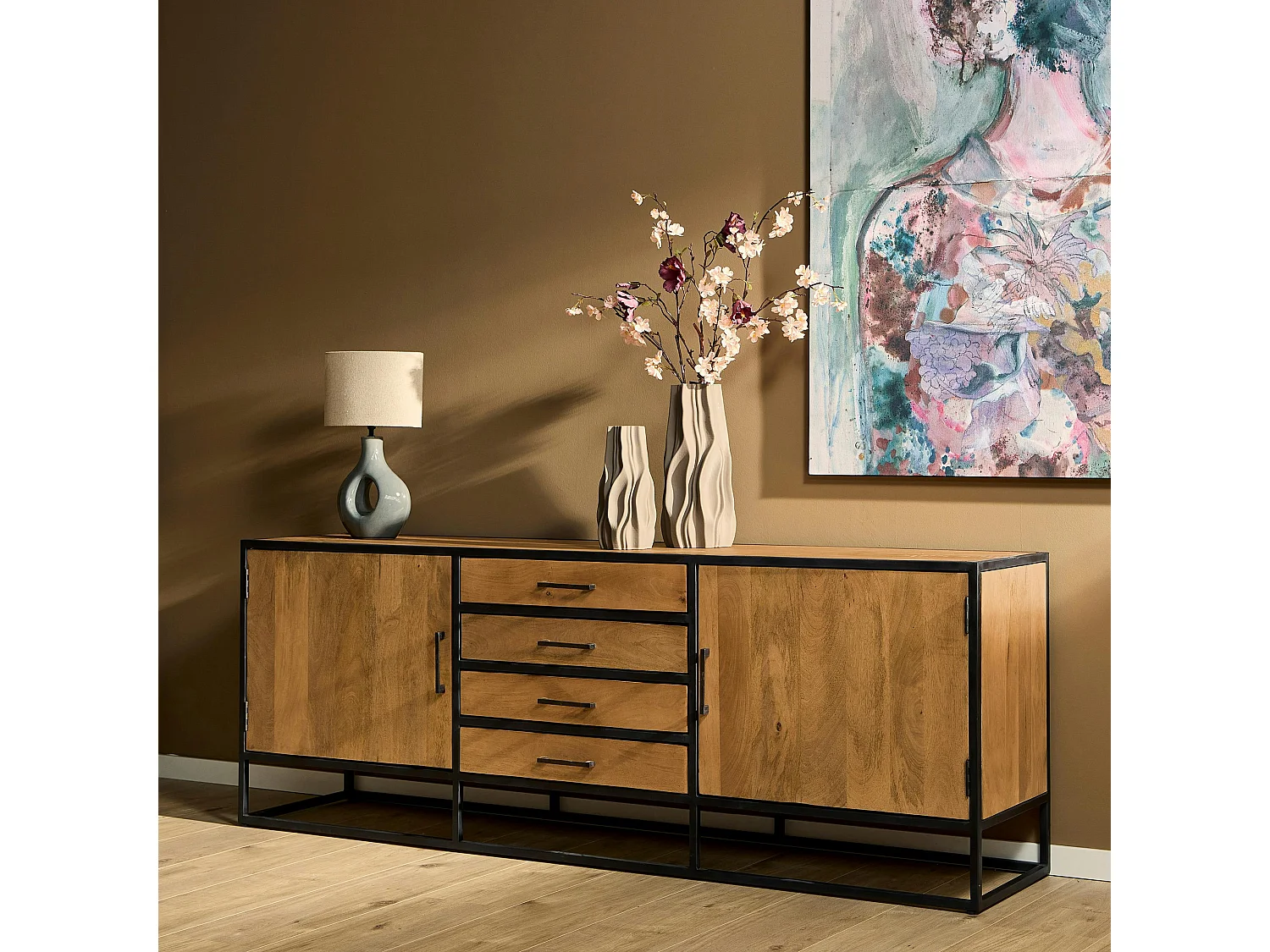 Buffet 2 portes bois clair métal noir 210 cm RIVANO