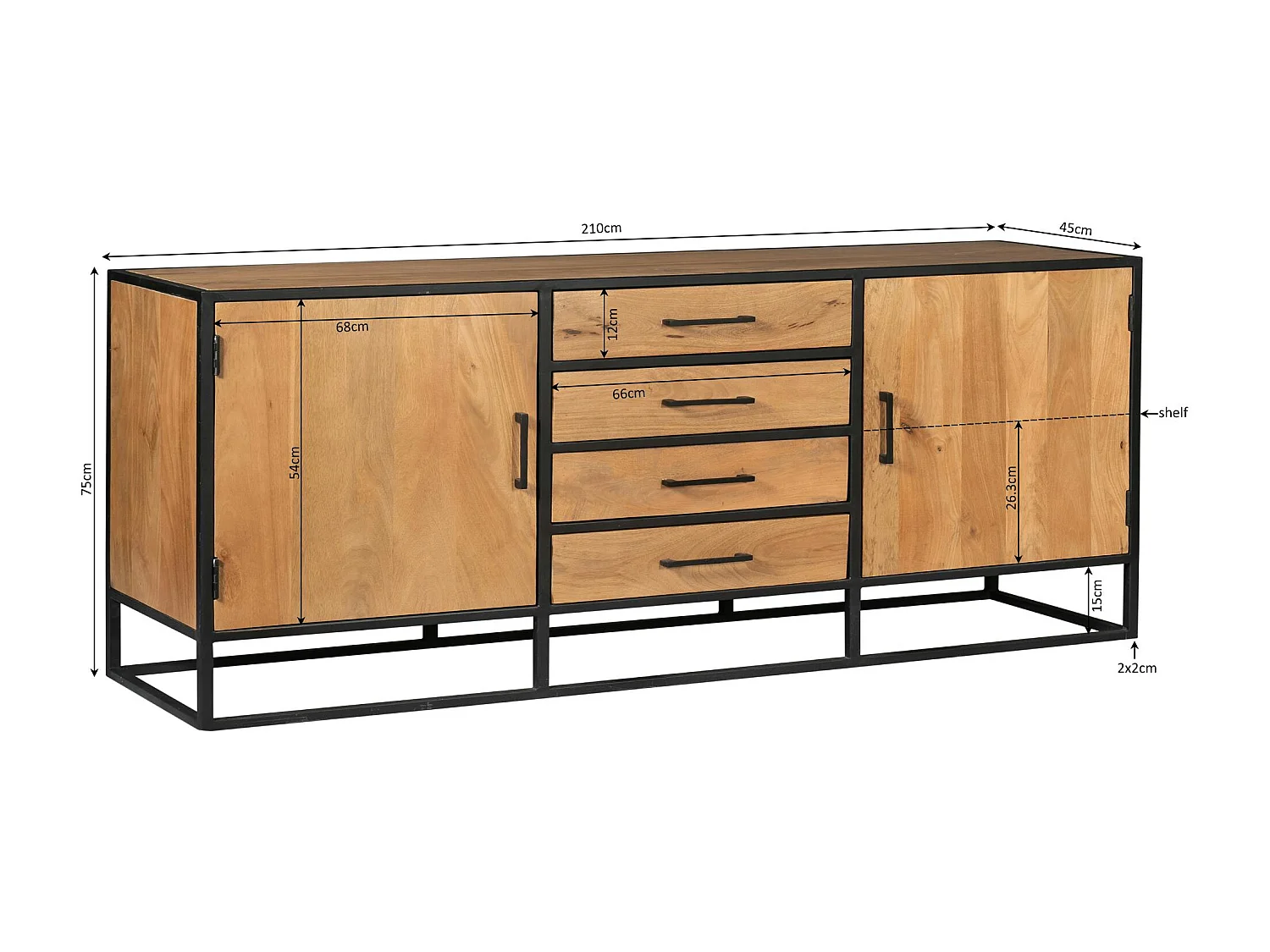 Buffet 2 portes bois clair métal noir 210 cm RIVANO