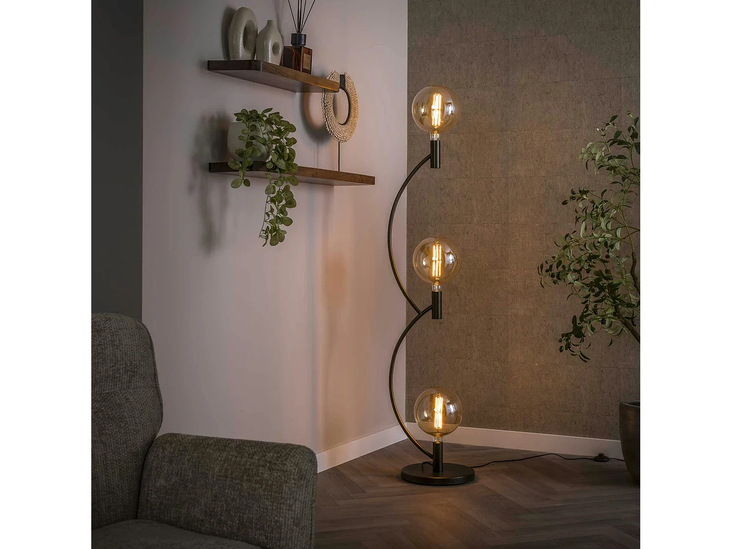 Lampadaire salon en métal courbe finition bronze 3 lampes RALF