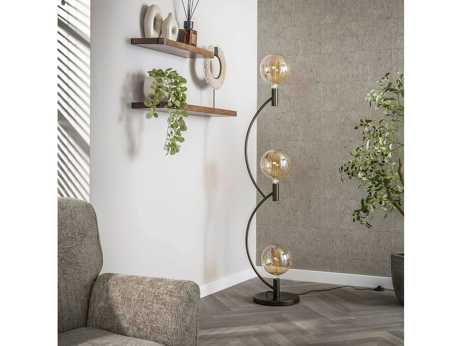 Lampadaire salon en métal courbe finition bronze 3 lampes RALF
