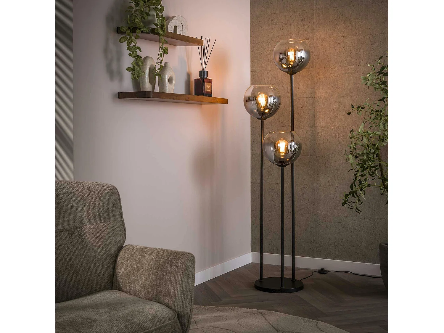 Lampadaire design en verre fumé 3 tiges RALF