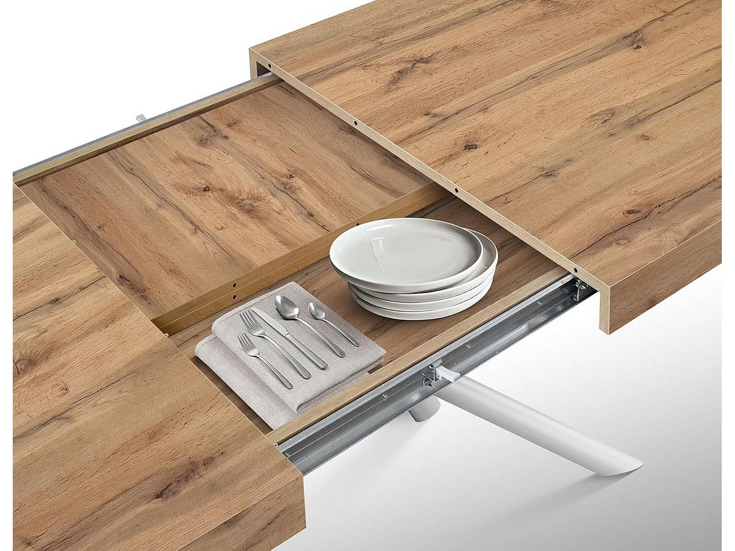 Holztisch, Eiche-Effekt, weißes Gestell, 140x90-220x90cm - CARRARA