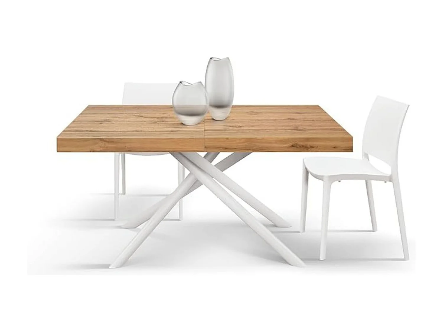 Table en bois, finition chêne, piètement en métal peint en blanc, 180×90–260×90 - CARRARA