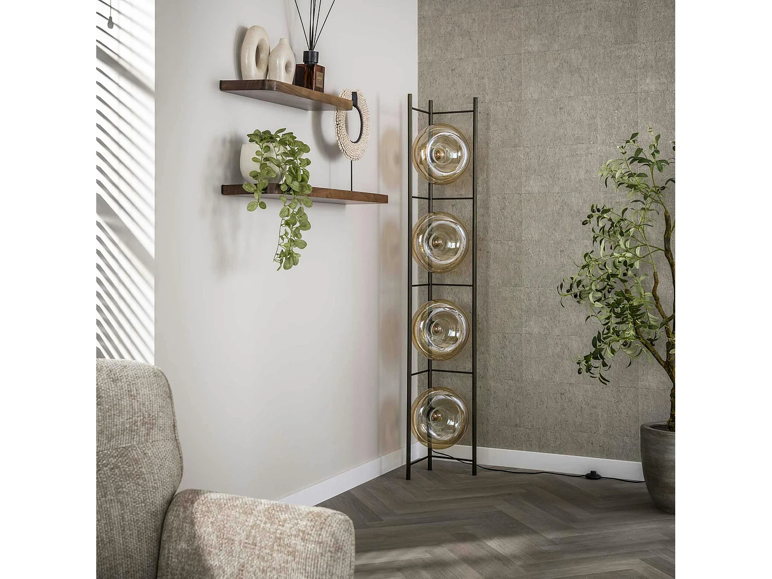 Lampadaire vintage anneaux en verre ambré NIAGARA