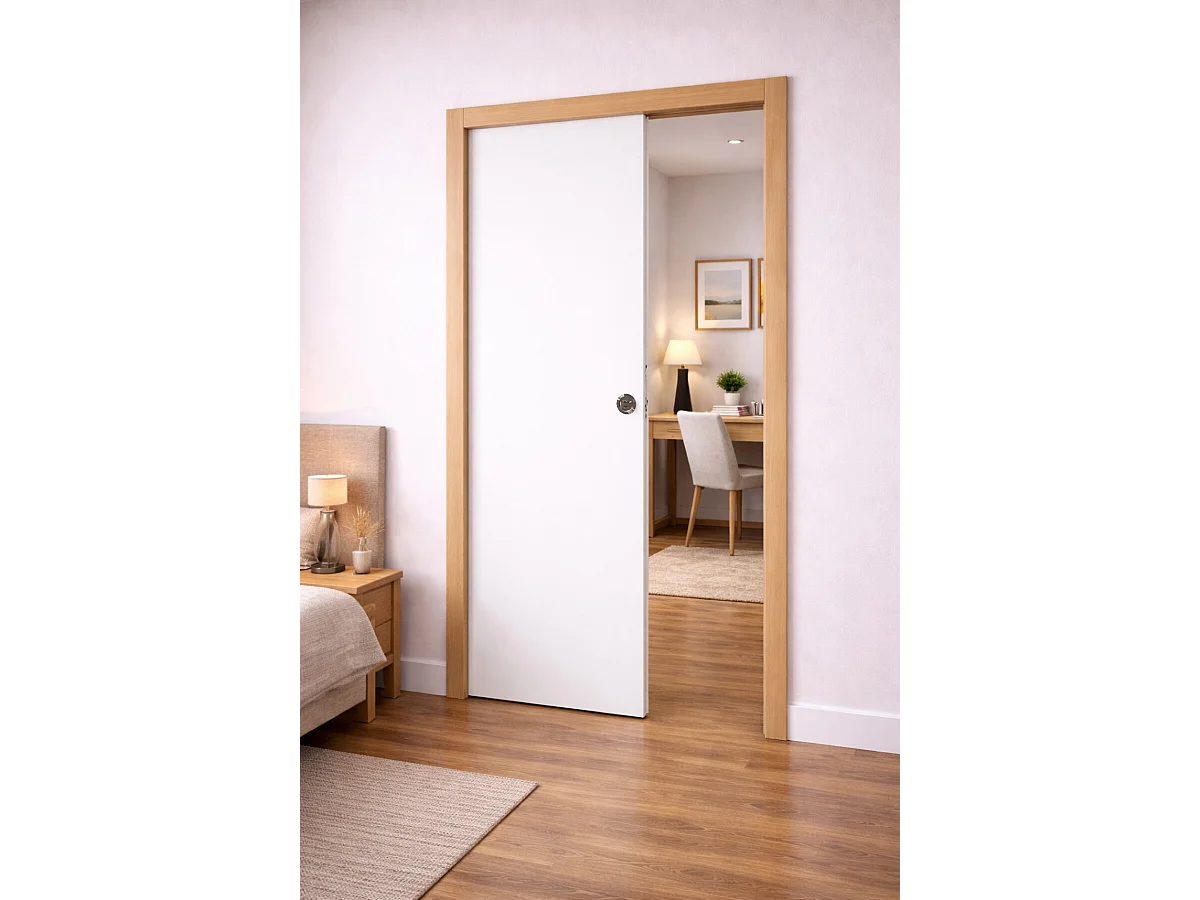 Porte Coulissante Blanc Pur Lacdor  H204 X L73 Cm,galandage, Kit Finition Gd Menuiseries