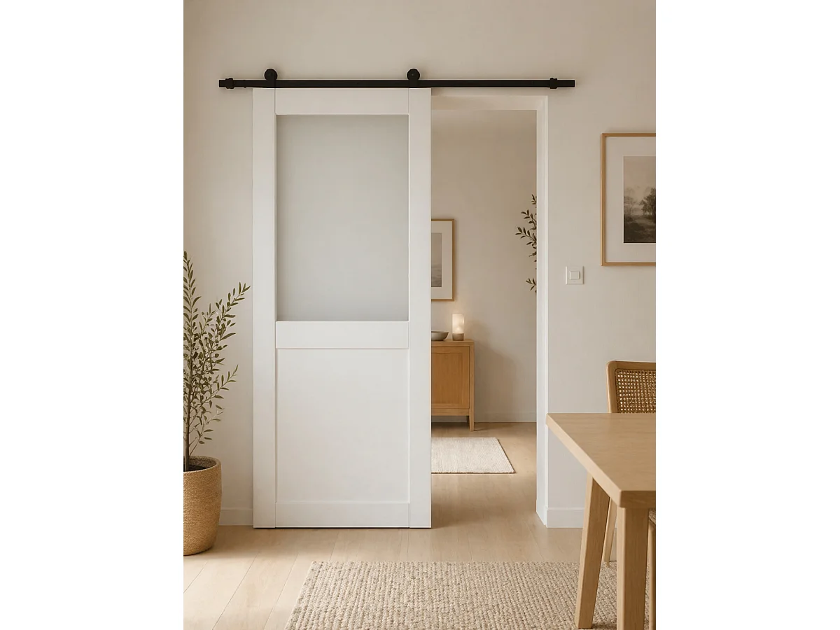Porte Coulissante Athena Blanc H204 X L93 Cm, Rail Roulettes Gd Menuiseries