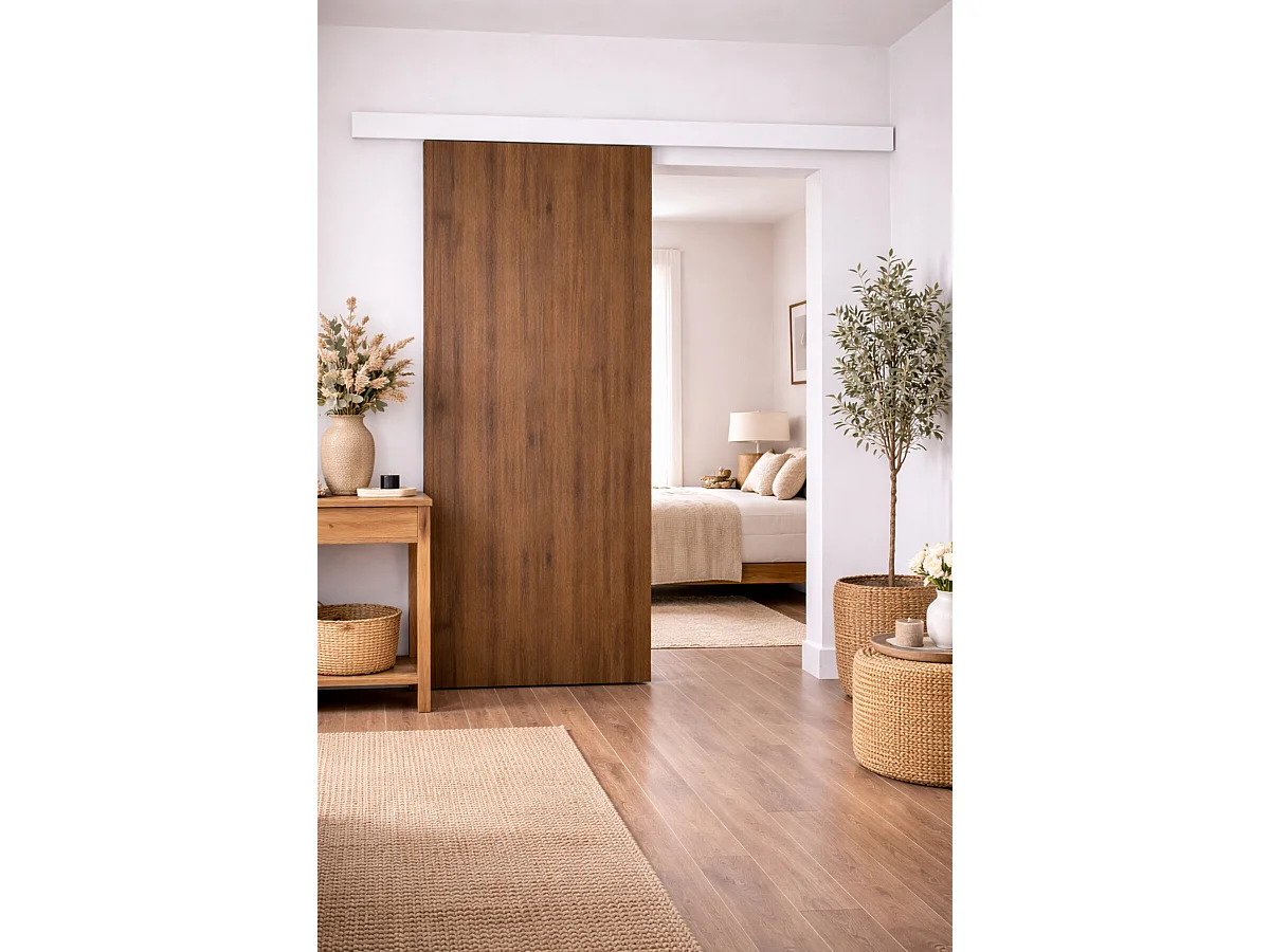 Porte Coulissante Light Walnut H204 X L83 Cm, Rail Alu Bandeau Blanc Gd Menuiseries