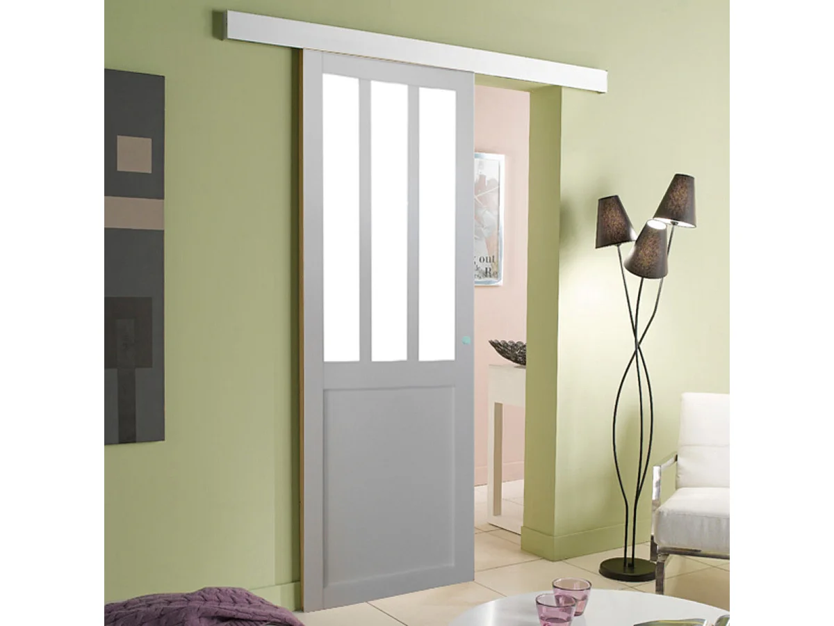 Porte Coulissante Atelier Blanc Vitre Depoli H204 X L93 Cm, Rail Alu Bandeau Blanc Gd Menuiseries