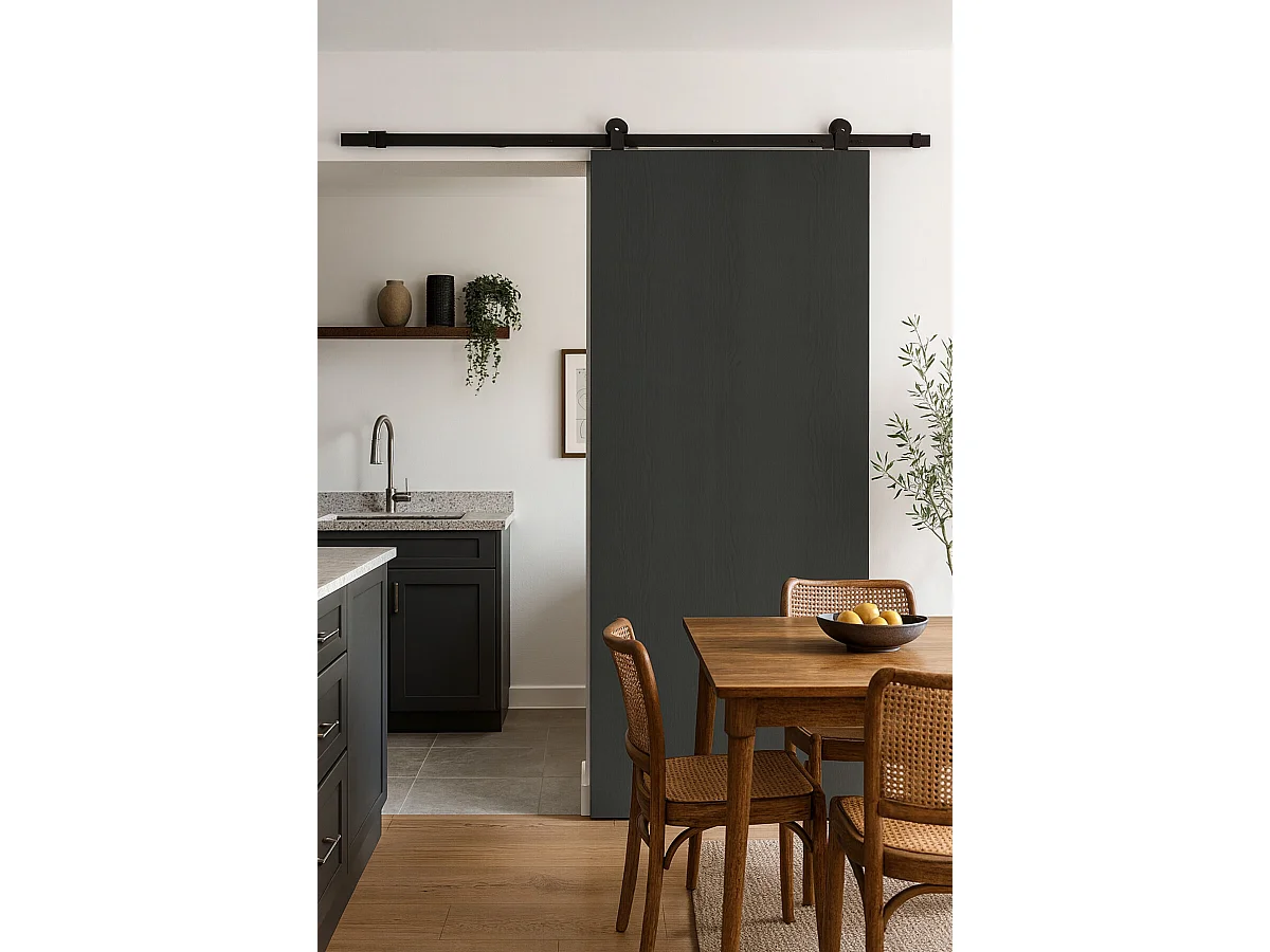 Porte Coulissante Grey Oak H204 X L93 + Rail A Roulettes Noir Gd Menuiseries