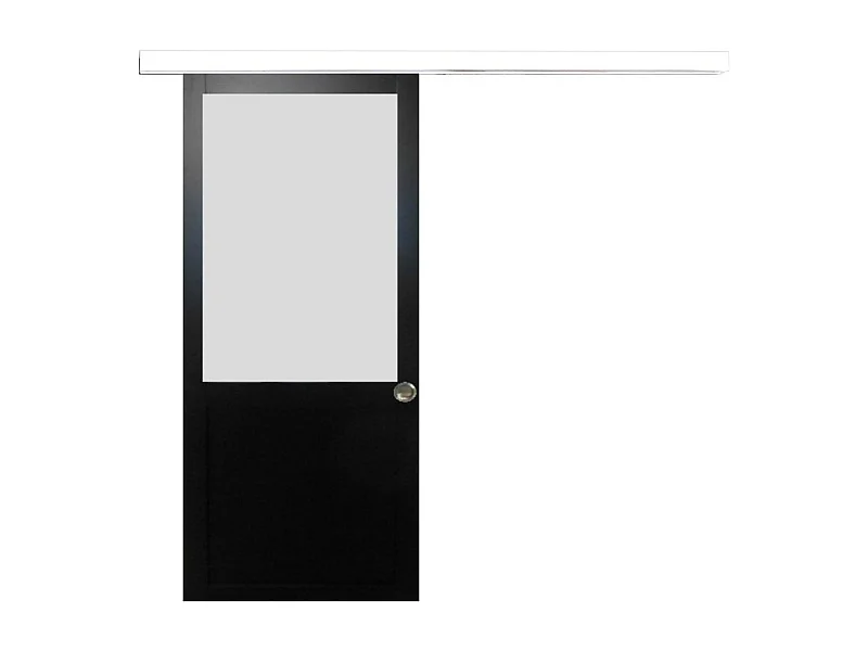 Porte Coulissante Athena Noir H204 X L93 + Rail Alu Bandeau Blanc Et Coquilles Gd Menuiseries