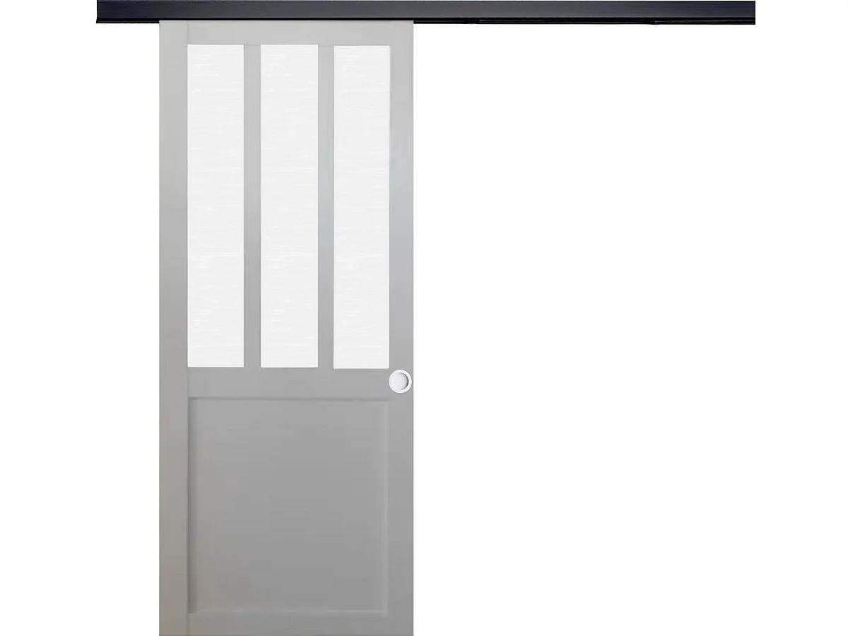Porte Coulissante Atelier Blanc Vitre Depoli H204 X L93 Cm, Rail Alu Bandeau Noir, Coquilles Blanc Gd Menuiseries