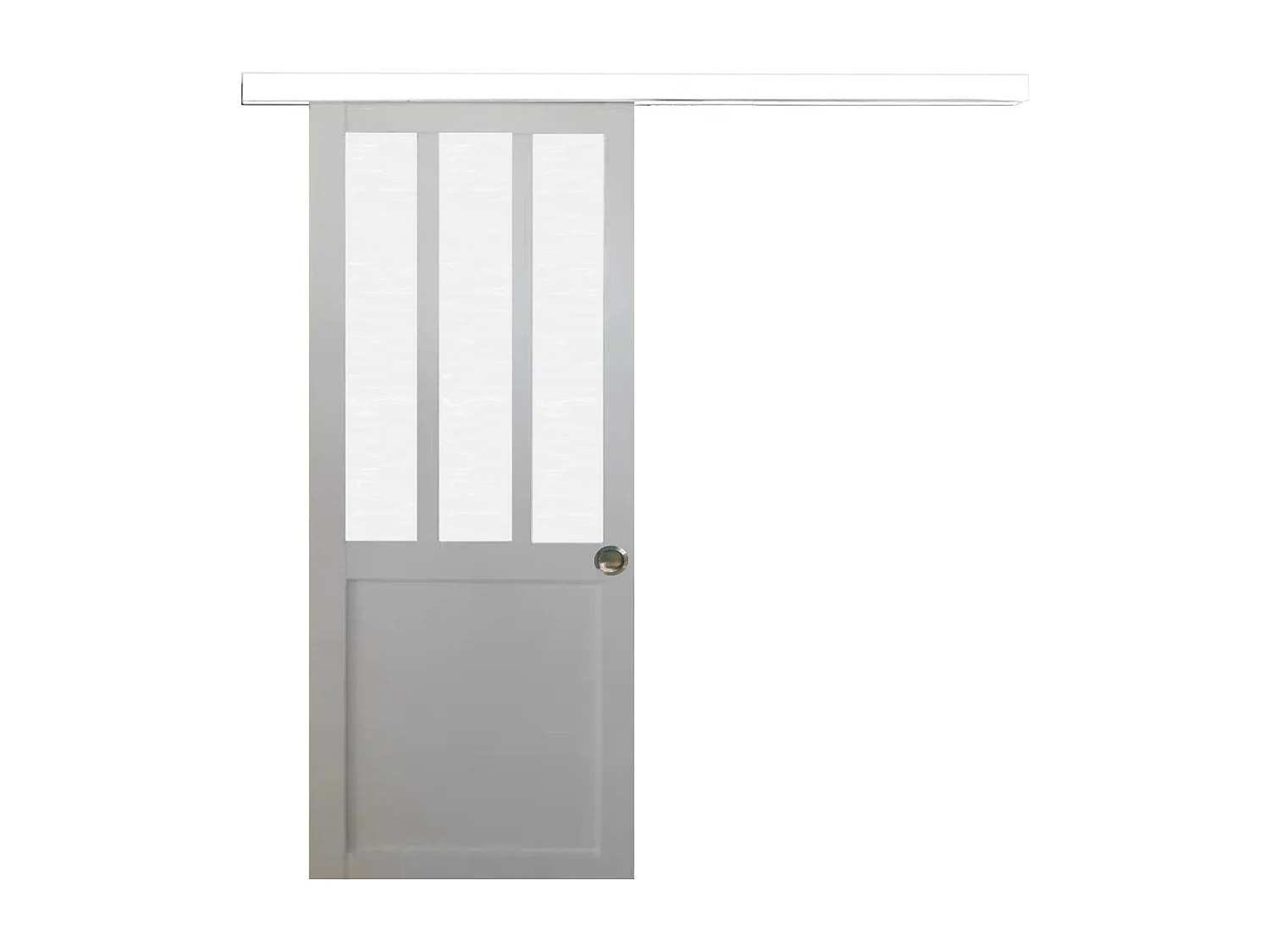 Porte Coulissante Atelier Blanc Vitre Depoli H204 X L93 Cm, Rail Alu Bandeau Blanc, Coquilles Gd Menuiseries