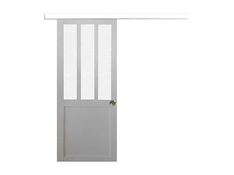 Porte Coulissante Atelier Blanc Vitre Depoli H204 X L93, Rail Alu Bandeau Blanc, Coquilles Gd Menuiseries
