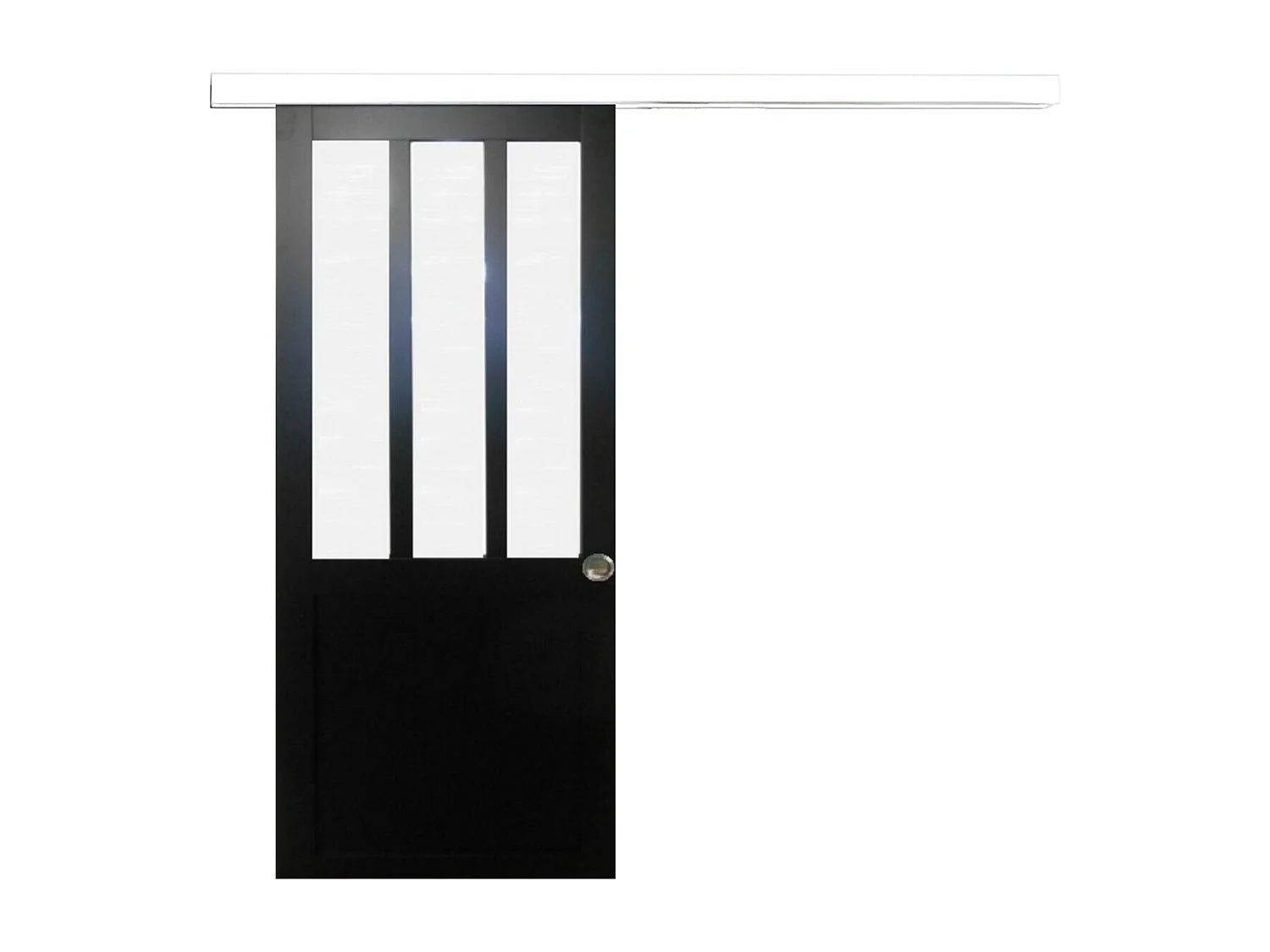 Porte Coulissante Atelier Noir Vitre Depoli H204 X L93 + Rail Alu Bandeau Blanc Et Coquilles Gd Menuiseries