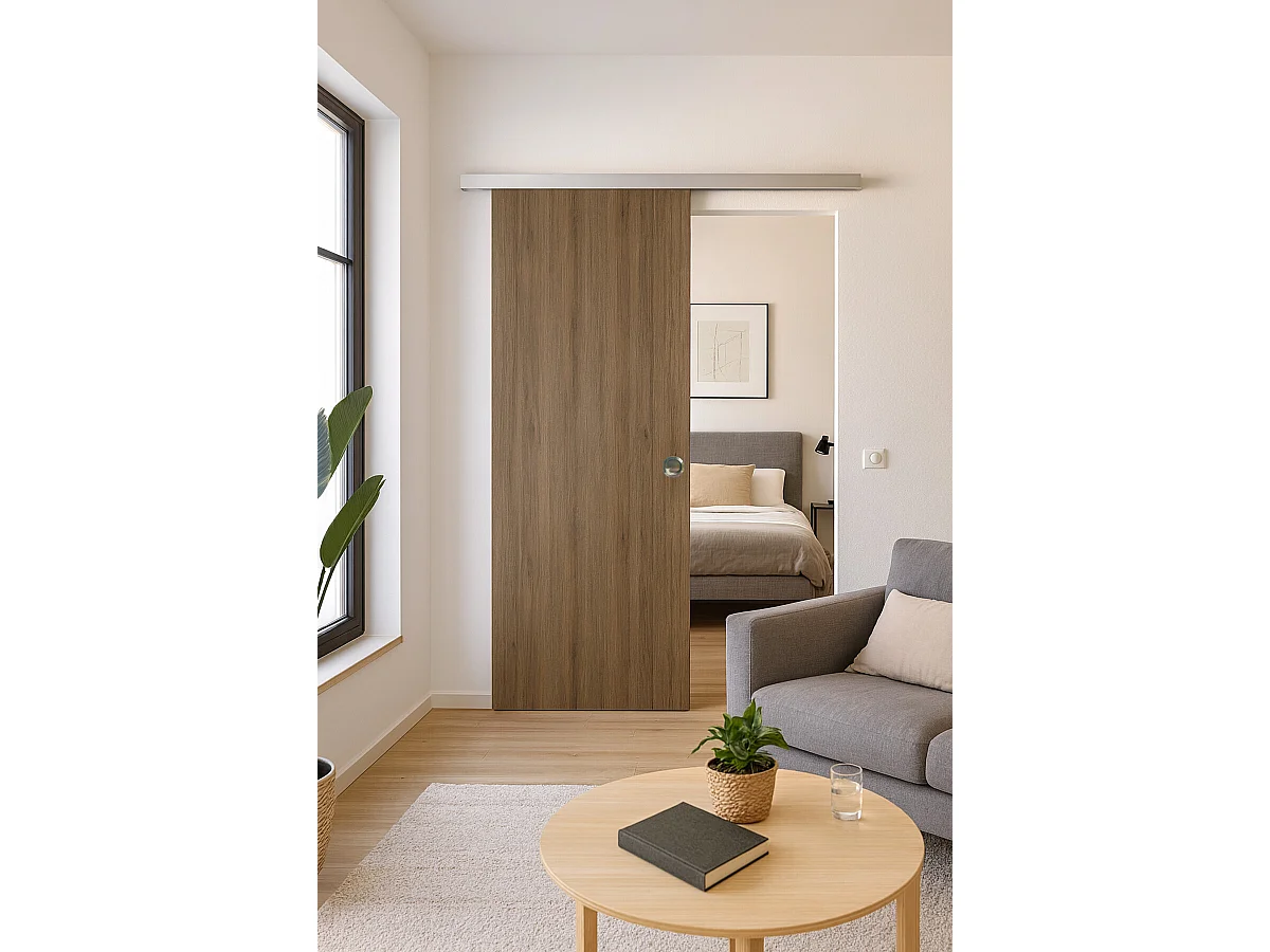 Porte Coulissante Light Walnut H204 X L83 +rail Alu Et Coquilles Gd Menuiseries