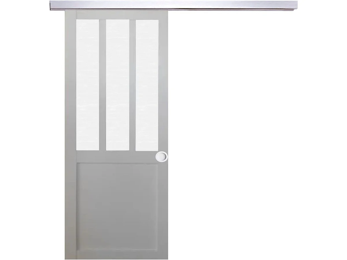 Porte Coulissante Atelier Blanc Vitre Depoli H204 X L93 + Rail Alu Et Coquilles Blanc Gd Menuiseries