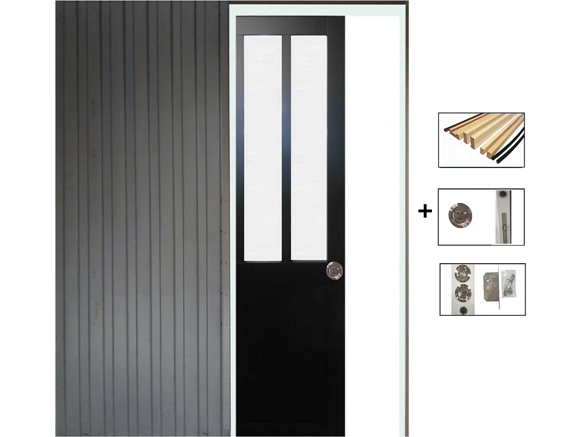 Porte Coulissante Atelier Noir Vitre Depoli H204 X L93 + Systeme De Galandage Et Kit Finition Inclus Gd Menuiseries