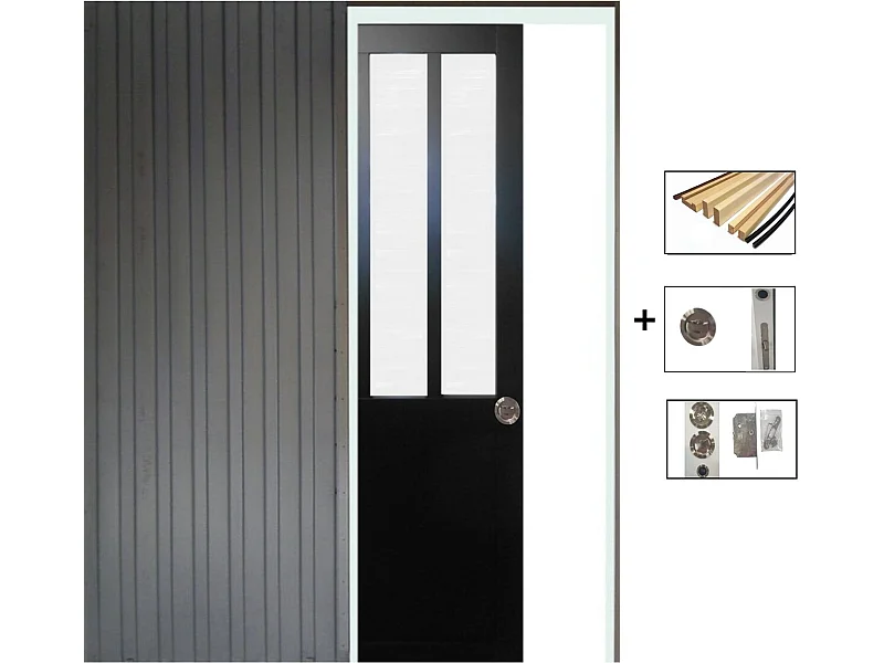 Porte Coulissante Atelier Noir Vitre Depoli H204 X L93 + Systeme De Galandage Et Kit Finition Inclus Gd Menuiseries