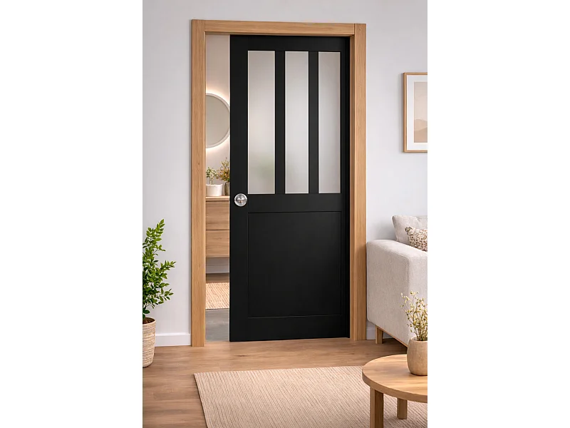 Porte Coulissante Atelier Noir Vitre Depoli H204 X L93, Galandage, Kit Finition Gd Menuiseries