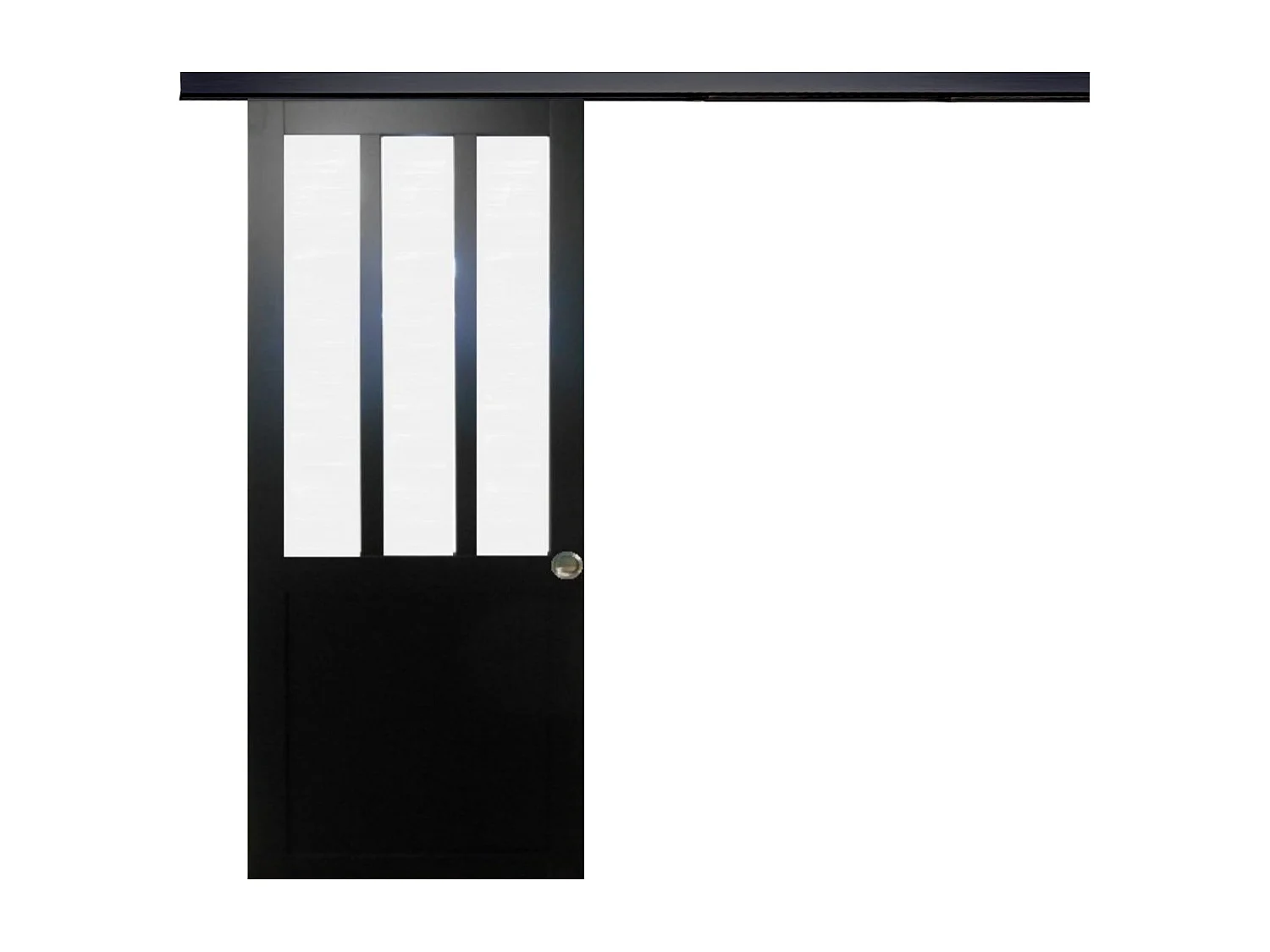 Porte Coulissante Atelier Noir Vitre Depoli H204 X L93, Rail Alu Bandeau Noir, Coquilles Gd Menuiseries
