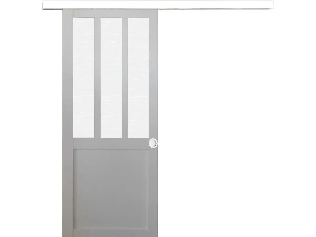 Porte Coulissante Atelier Blanc Vitre Depoli H204 X L93, Rail Alu Bandeau Blanc, Coquilles Blanc Gd Menuiseries