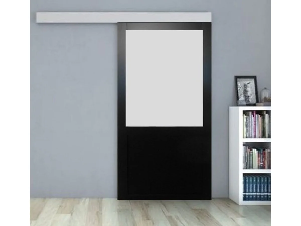 Porte Coulissante Athena Noir Vitrée H204 X L93 + Rail Alu Gd Menuiseries