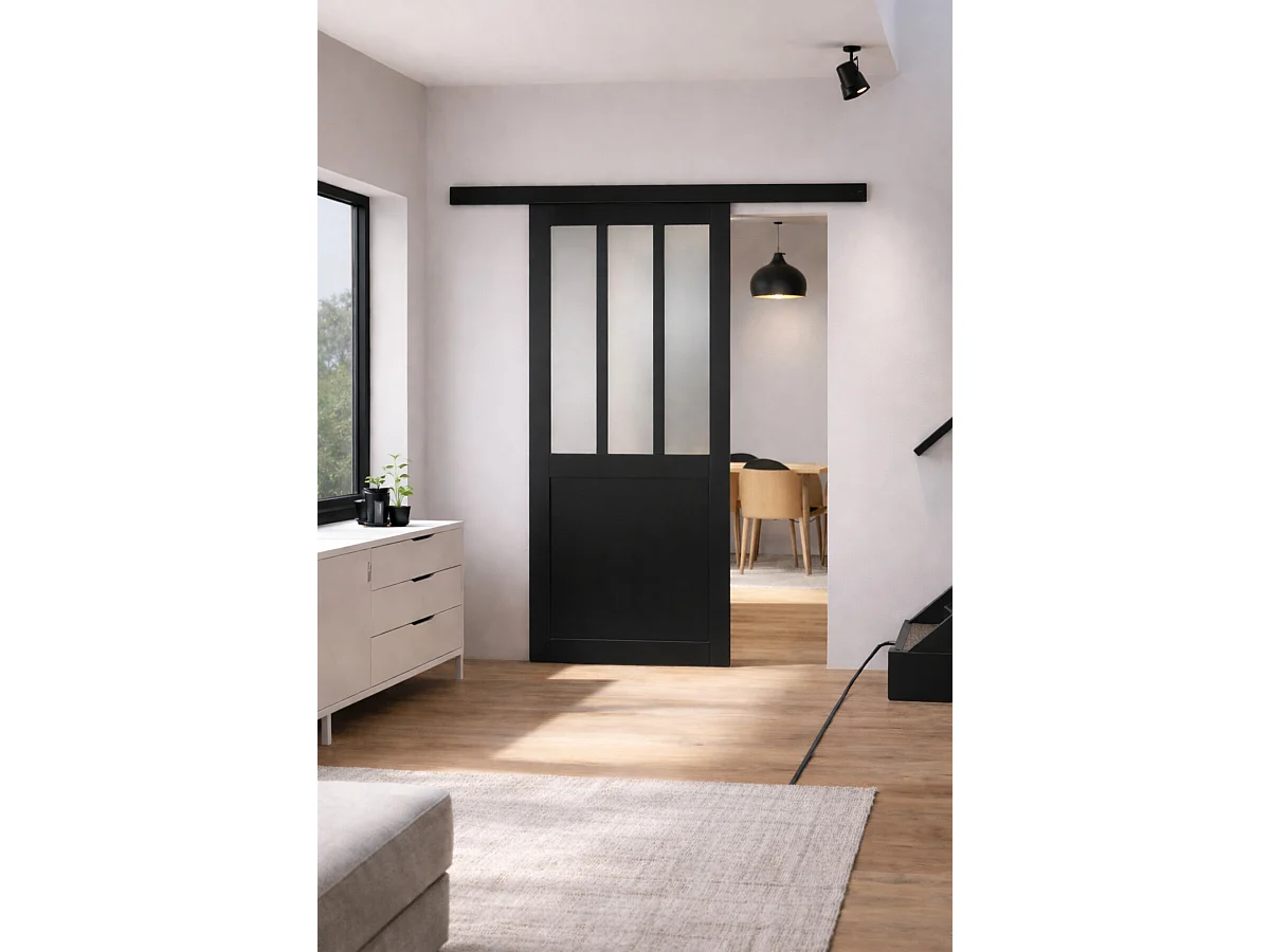 Porte Coulissante Atelier Noir Vitre Depoli H204 X L93 Cm, Rail Alu Bandeau Noir Gd Menuiseries