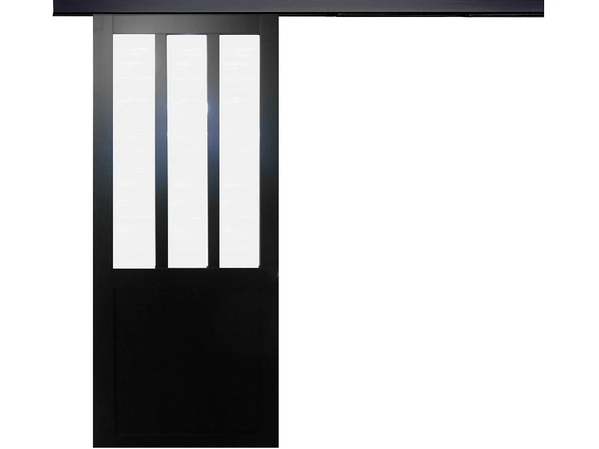 Porte Coulissante Atelier Noir Vitre Depoli H204 X L93 Cm, Rail Alu Bandeau Noir Gd Menuiseries