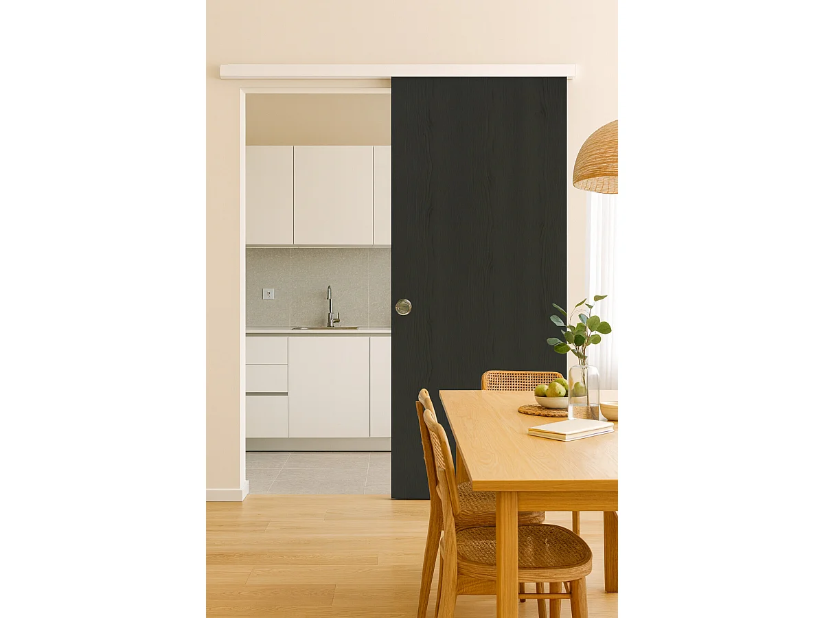 Porte Coulissante Grey Oak H204 X L93 + Rail Alu Bandeau Blanc Et Coquilles Gd Menuiseries