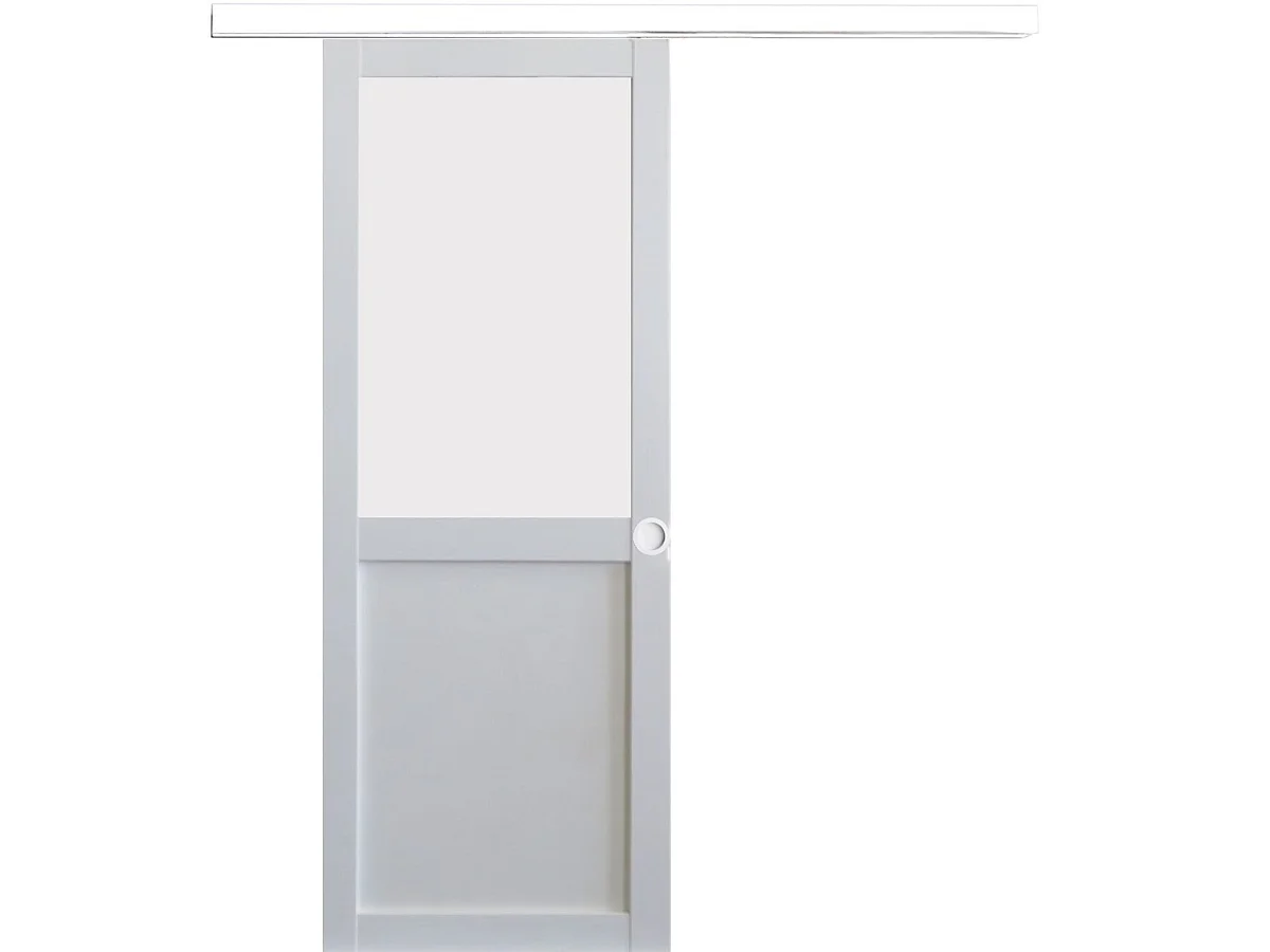 Porte Coulissante Athena Blanc H204 X L93 + Rail Alu Bandeau Blanc Et Coquilles Blanc Gd Menuiseries