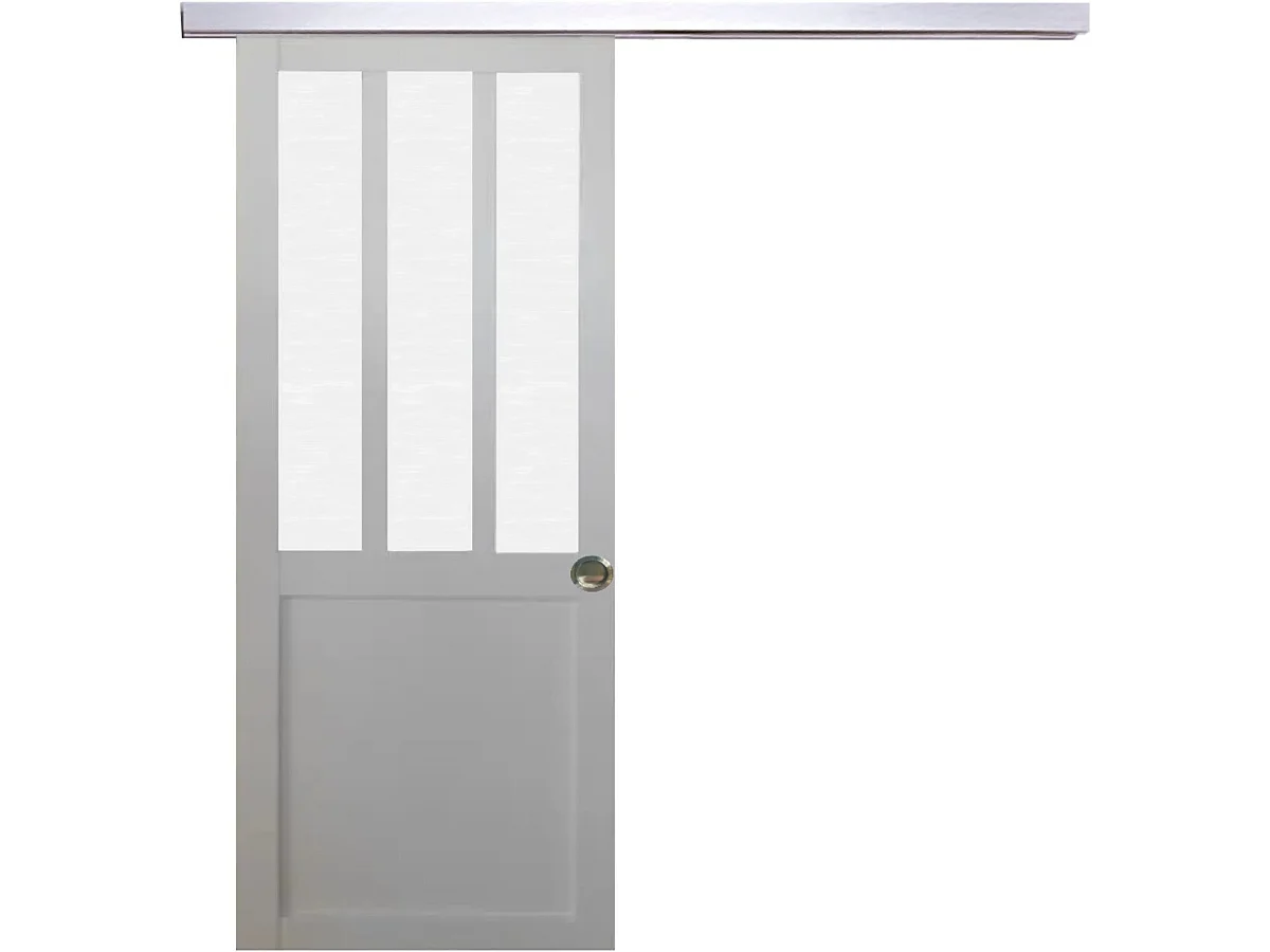 Porte Coulissante Atelier Blanc Vitre Depoli H204 X L93 Cm, Rail Alu, Coquilles Gd Menuiseries