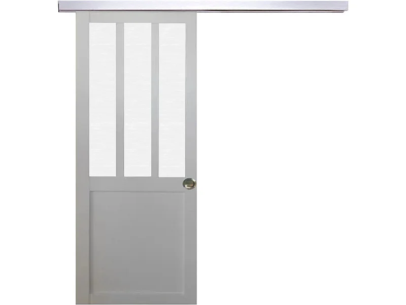 Porte Coulissante Atelier Blanc Vitre Depoli H204 X L93 + Rail Alu Et Coquilles Gd Menuiseries