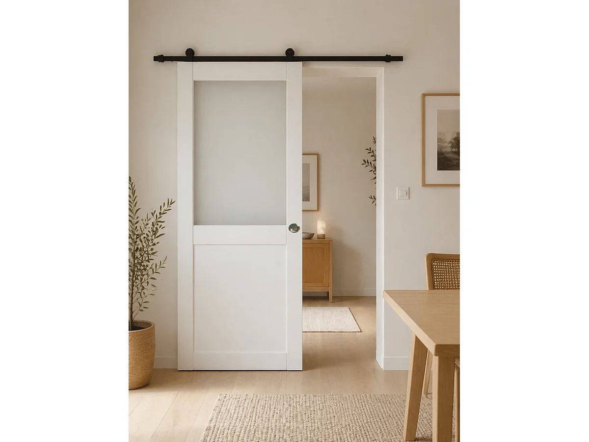Porte Coulissante Athena Blanc H204 X L93 Cm, Rail Roulettes, Coquilles Gd Menuiseries