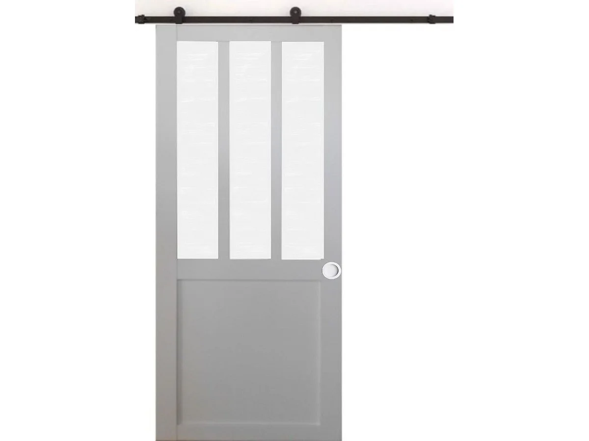 Porte Coulissante Atelier Blanc Vitre Depoli H204 X L93, Rail à Roulettes Et Coquilles Blanc Gd Menuiseries