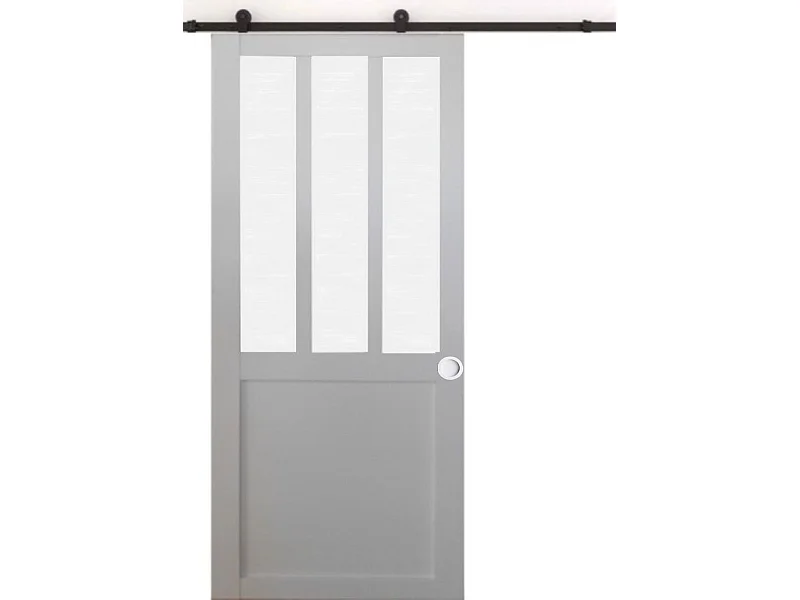 Porte Coulissante Atelier Blanc Vitre Depoli H204 X L93, Rail à Roulettes Et Coquilles Blanc Gd Menuiseries