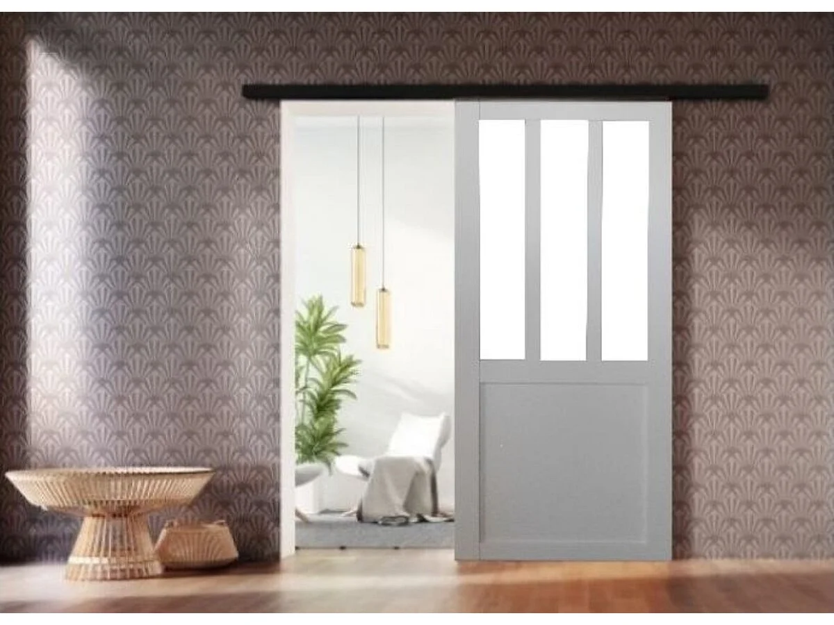 Porte Coulissante Atelier Blanc Vitre Depoli H204 X L93, Rail Alu Bandeau Noir Gd Menuiseries