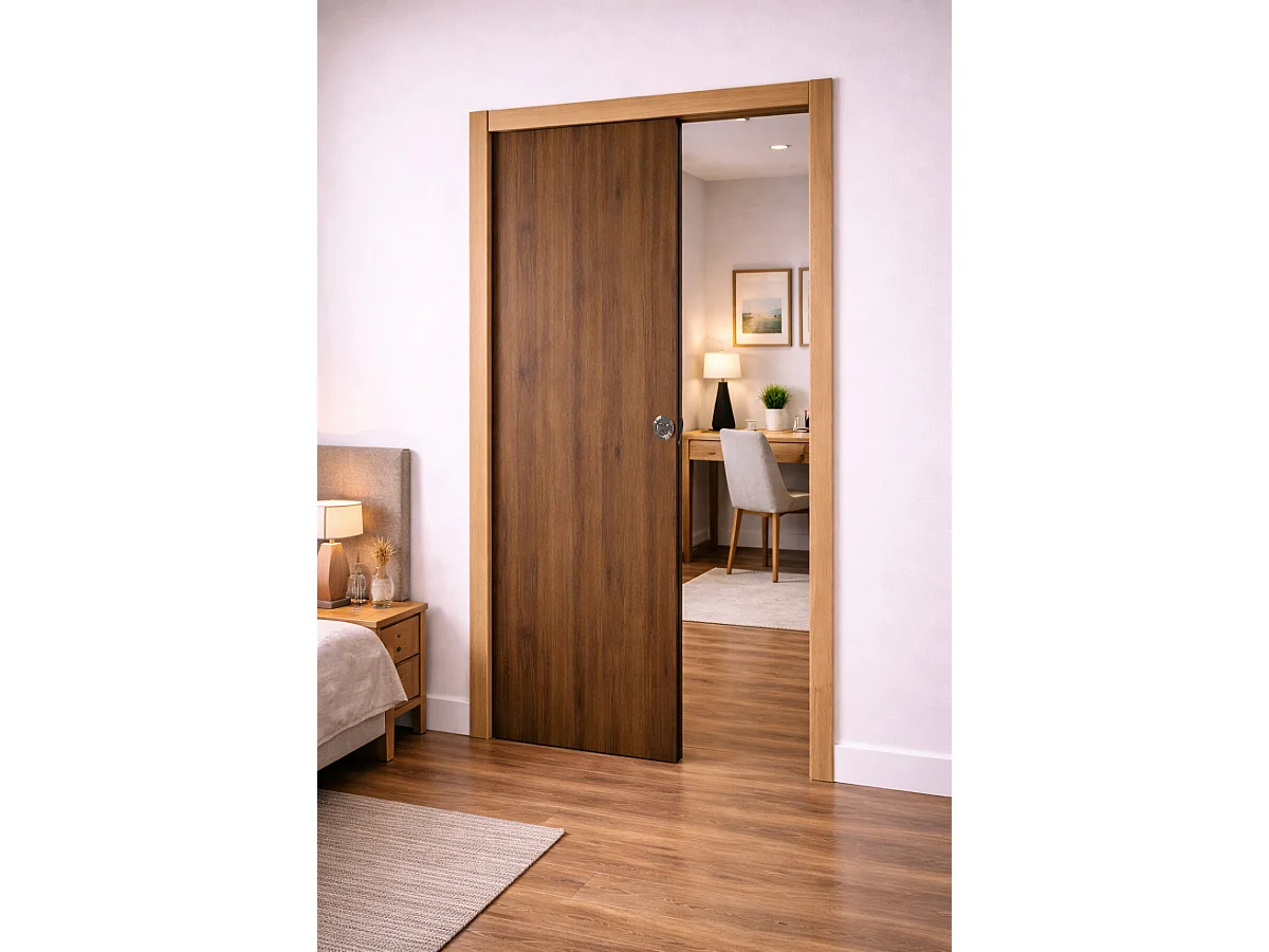 Porte Coulissante Décor Noyer Light Walnut H204 X L83 Cm,galandage, Kit Finition Gd Menuiseries