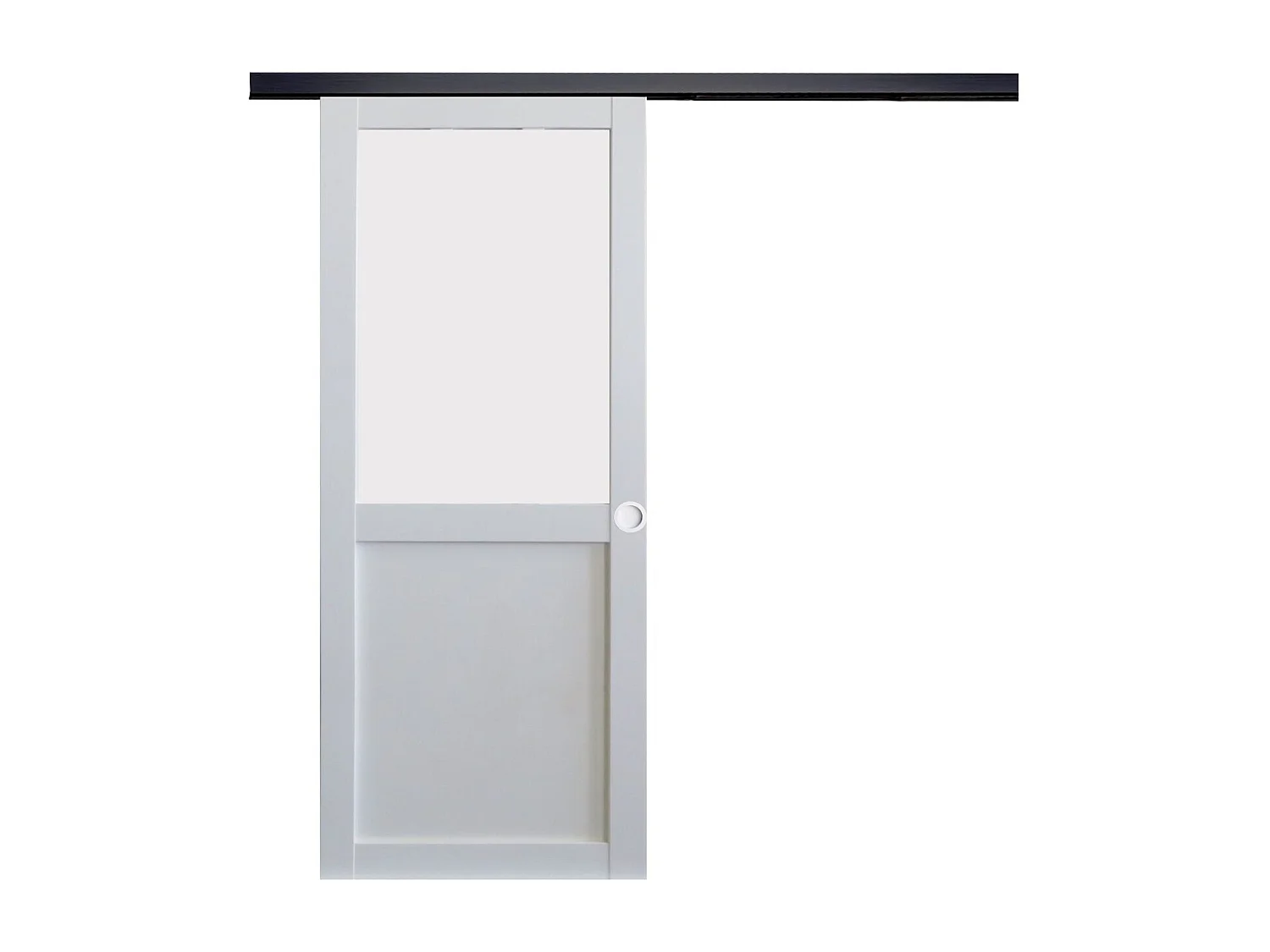 Porte Coulissante Athena Blanc H204 X L93 Cm, Rail Alu Bandeau Noir, Coquilles Blanc Gd Menuiseries