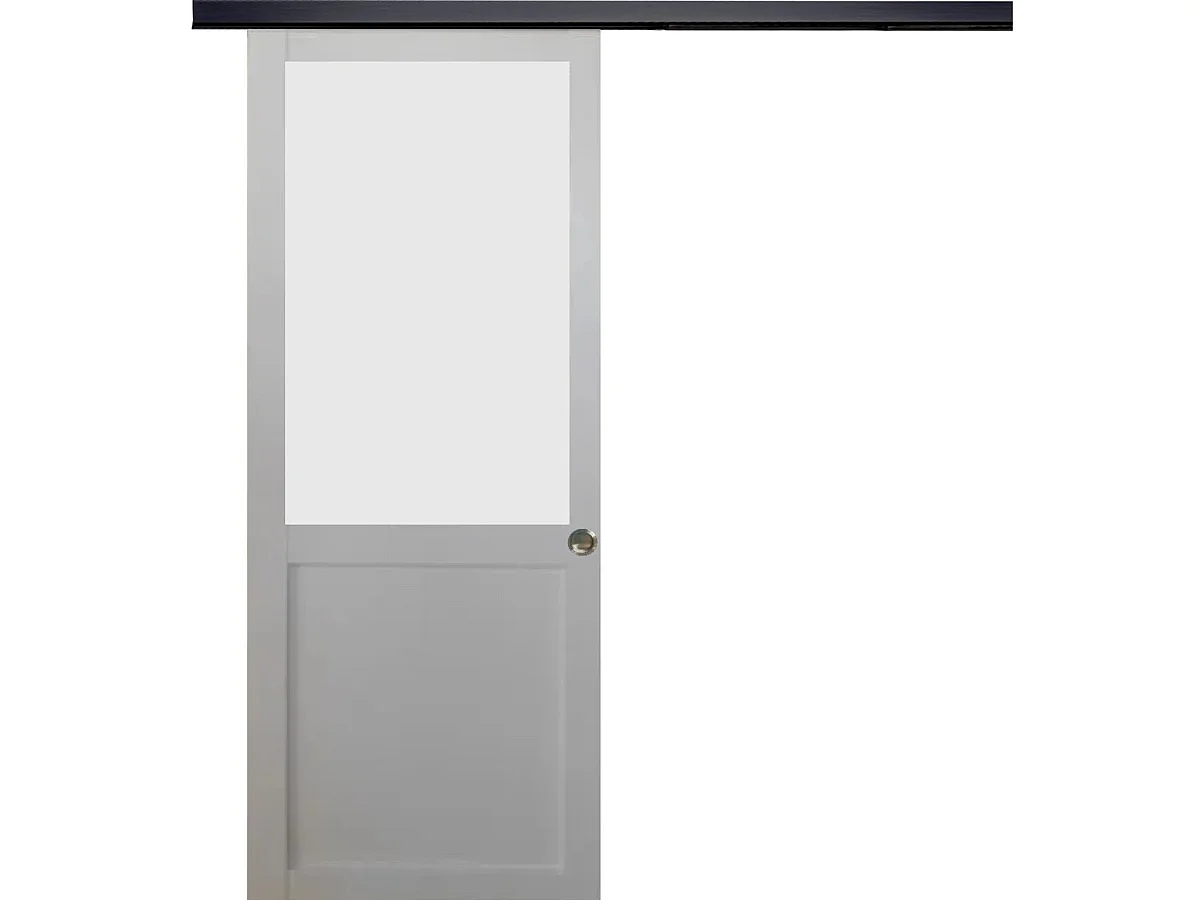 Porte Coulissante Athena Blanc H204 X L93 Cm, Rail Alu Bandeau Noir, Coquilles Gd Menuiseries