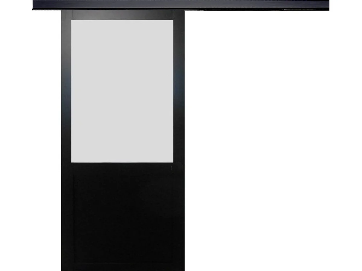 Porte Coulissante Athena Noir Vitrée H204 X L93 + Rail Alu Bandeau Noir Gd Menuiseries