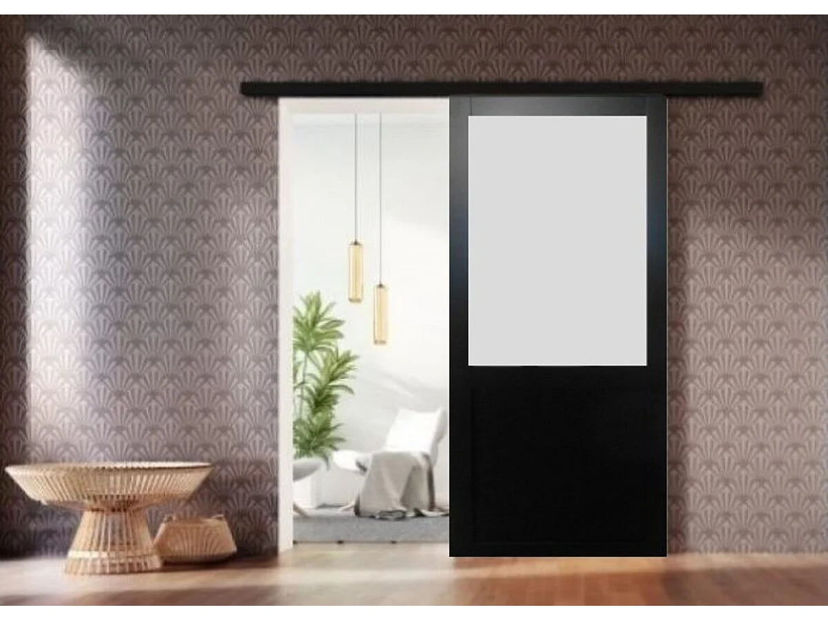 Porte Coulissante Athena Noir Vitrée H204 X L93 + Rail Alu Bandeau Noir Gd Menuiseries