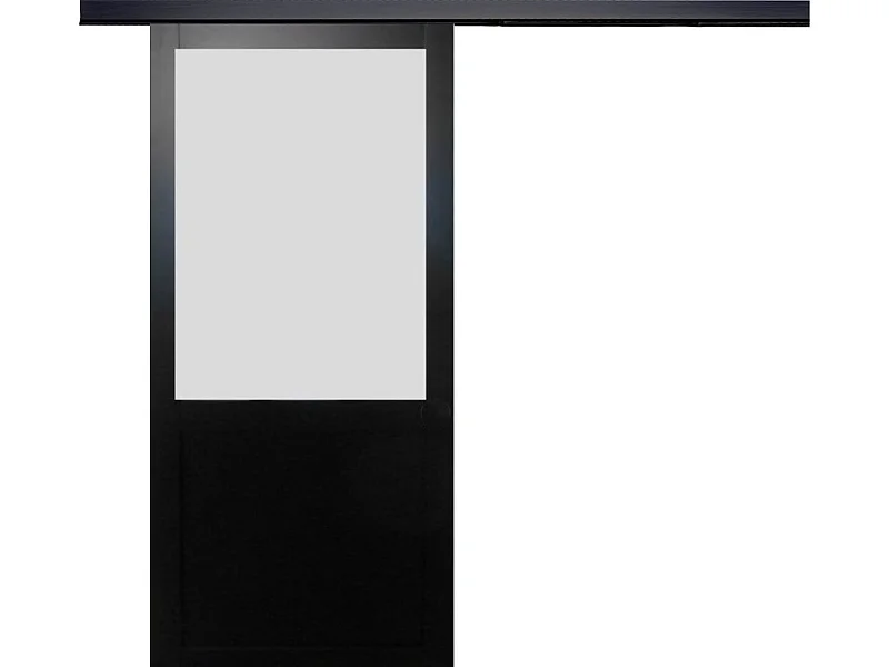 Porte Coulissante Athena Noir Vitrée H204 X L93 + Rail Alu Bandeau Noir Gd Menuiseries
